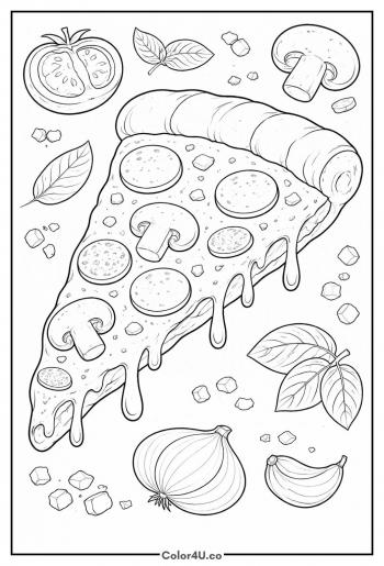 Pizza Slice with Mushrooms and Salami Coloring Page