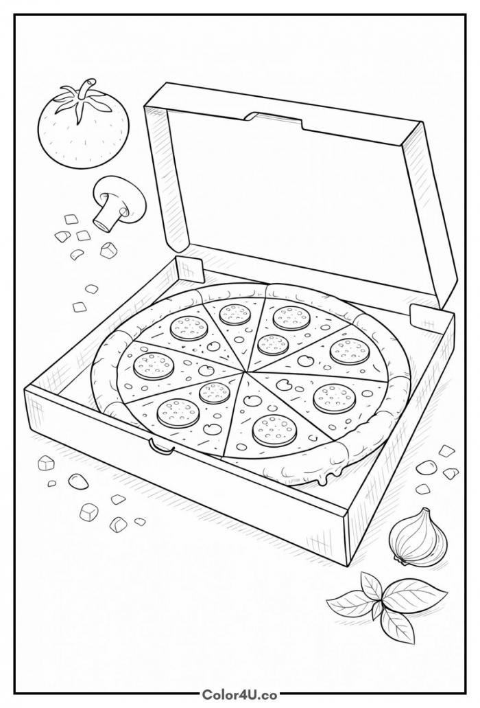 Pepperoni pizza inside an open delivery box, medium Pizza coloring page, free printable