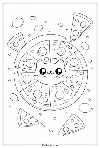 Easy Kawaii Happy Pizza Coloring Page