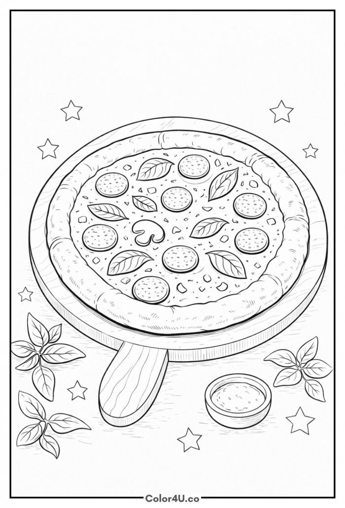 Freshly baked pizza with basil and salami Coloring Page