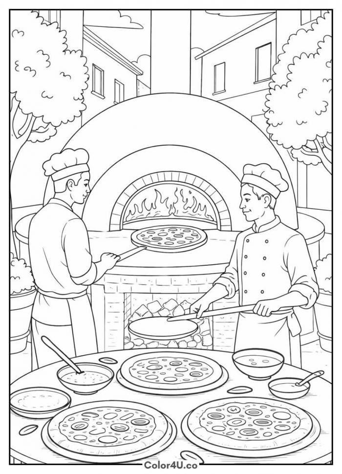 Pizza makers at the brick oven Coloring Page