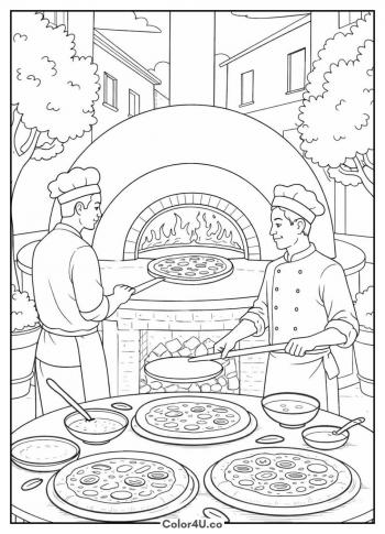 Pizza makers at the brick oven Coloring Page