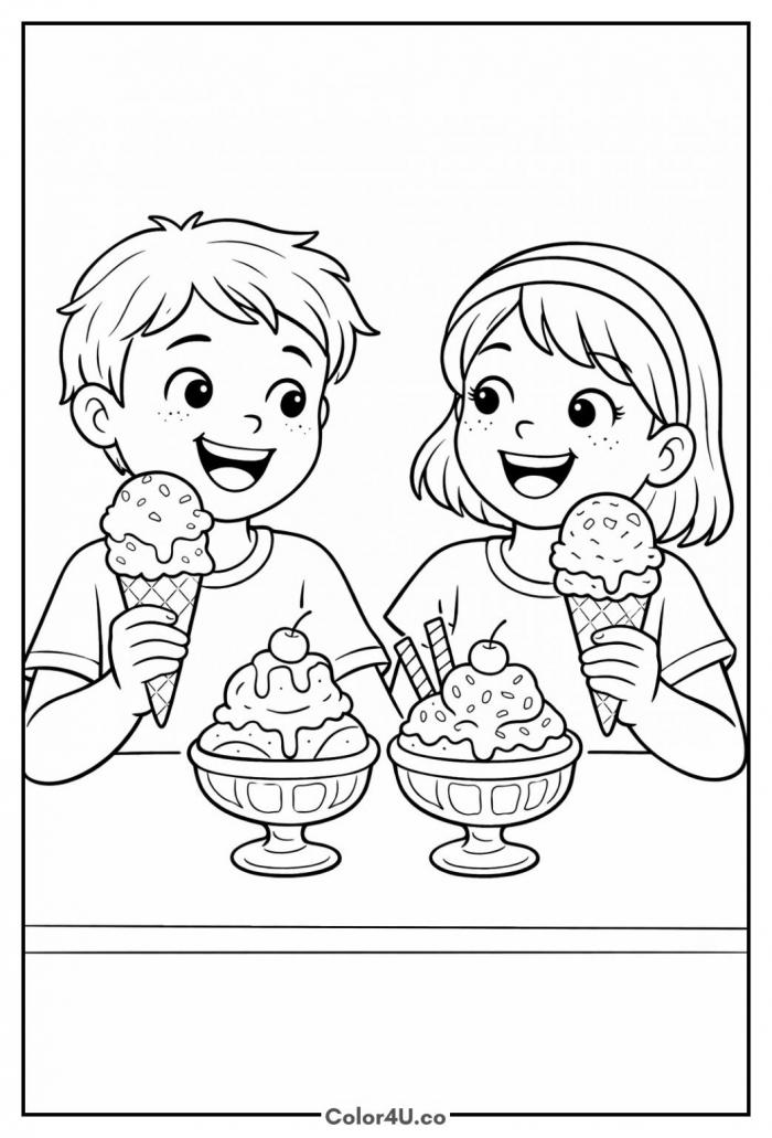 Two kids eating ice cream cones with sundae bowls on the table, medium coloring page, free printable