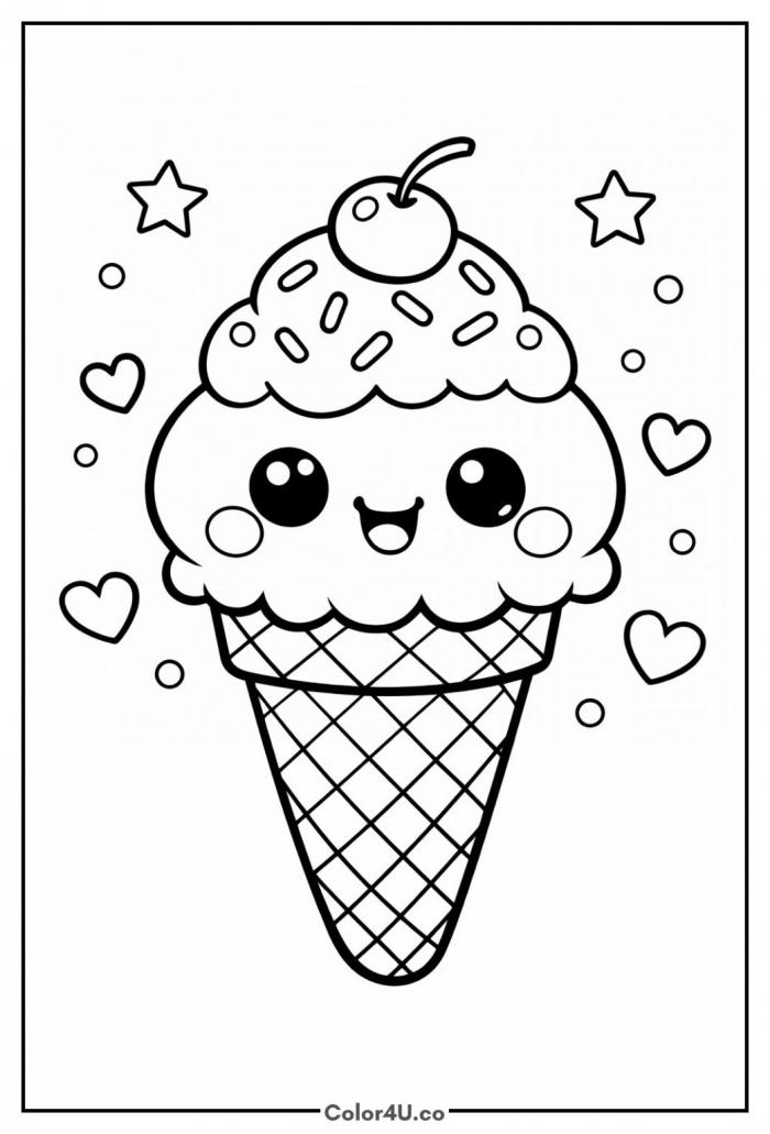 Smiling Kawaii Ice Cream Cone Coloring Page