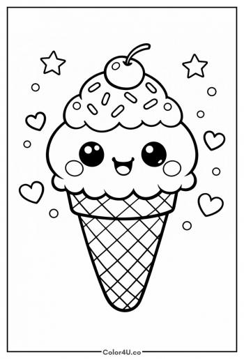 Smiling Kawaii Ice Cream Cone Coloring Page