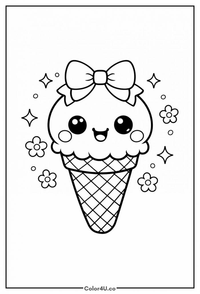 Kawaii Ice Cream with Bow Coloring Page