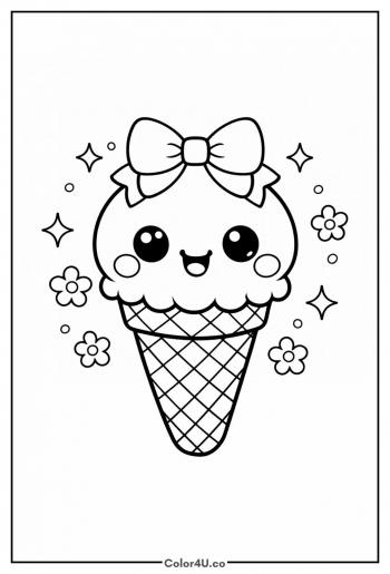 Kawaii Ice Cream with Bow Coloring Page