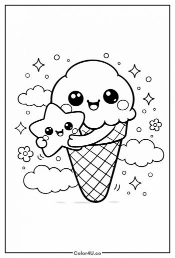Cute Ice Cream and Star Coloring Page