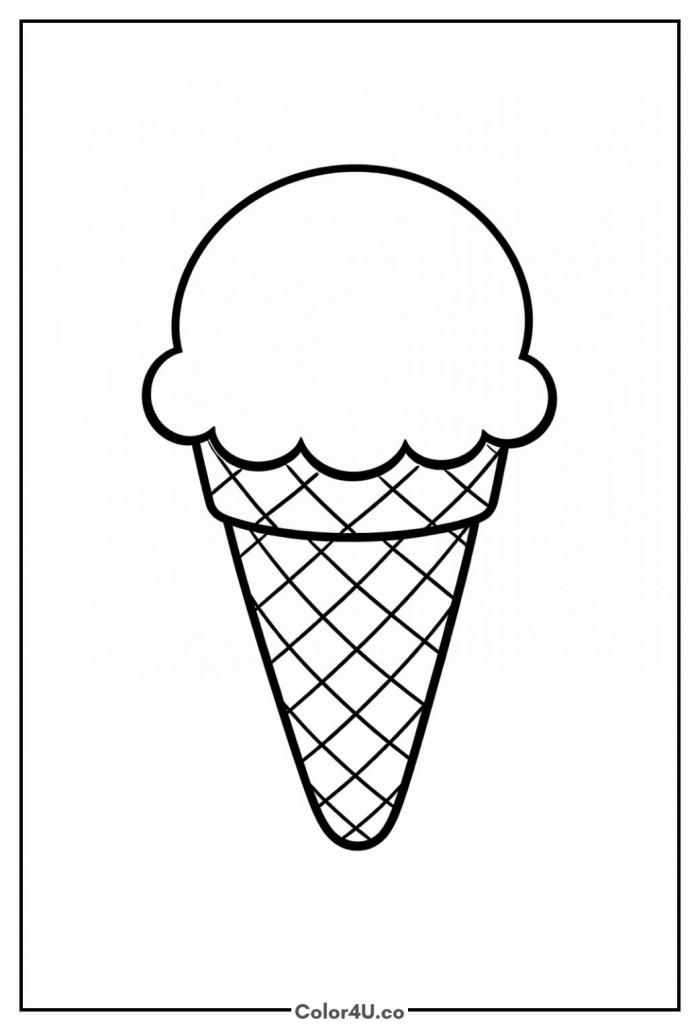 Simple single-scoop ice cream cone with waffle pattern, easy coloring page, free printable