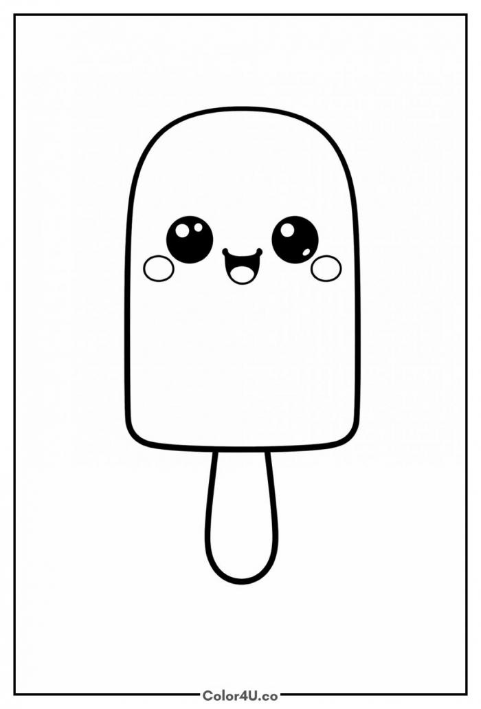 Kawaii popsicle with a smiley face on a stick, easy ice cream coloring page, free printable