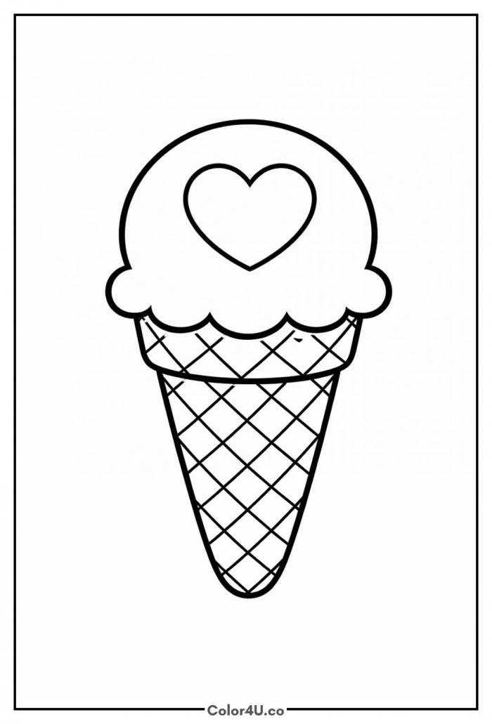 Single-scoop ice cream cone with a heart on the scoop, easy ice cream coloring page, free printable