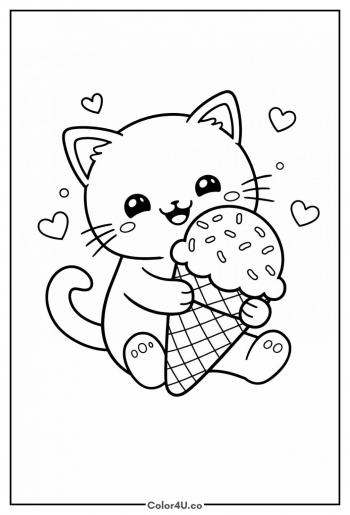 Cat with Ice Cream Cone Coloring Page