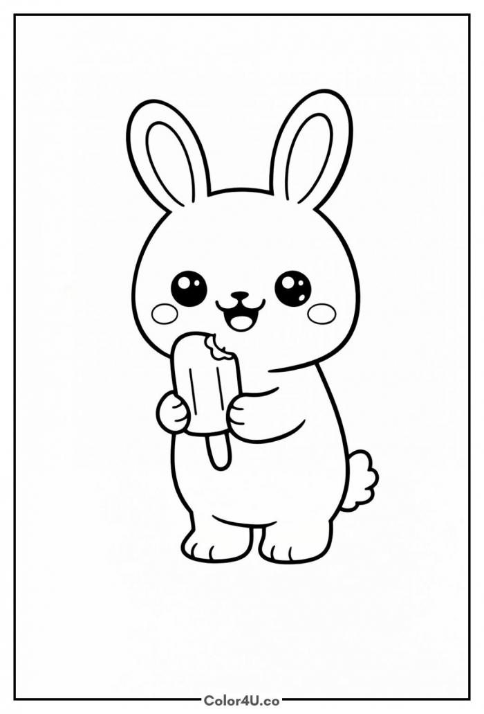 Kawaii bunny holding a popsicle with a bite taken out, easy ice cream coloring page, free printable