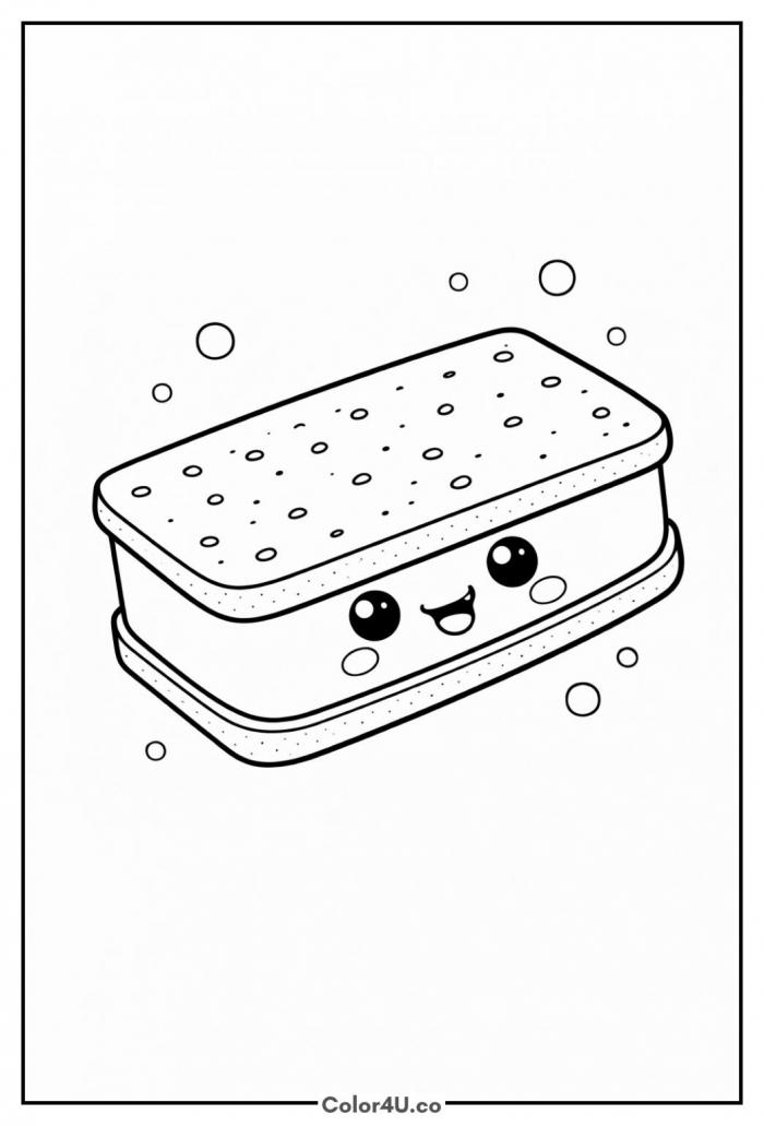 Kawaii ice cream sandwich with a smiley face shown at an angle, easy coloring page, free printable
