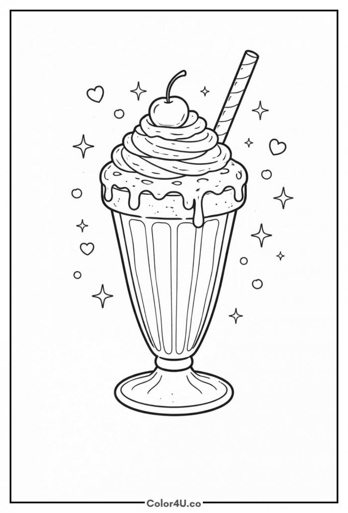 Tall milkshake glass with whipped cream, cherry and striped straw, medium ice cream coloring page, free printable