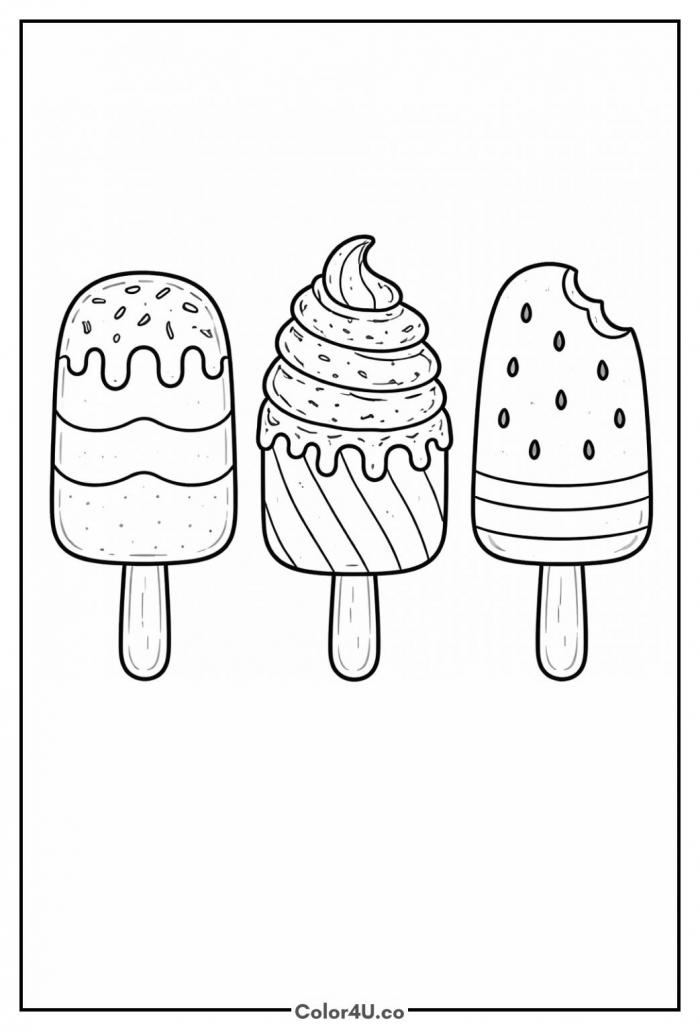 Three popsicles side by side including a chocolate bar, soft-serve swirl, and watermelon design, medium coloring page, free printable