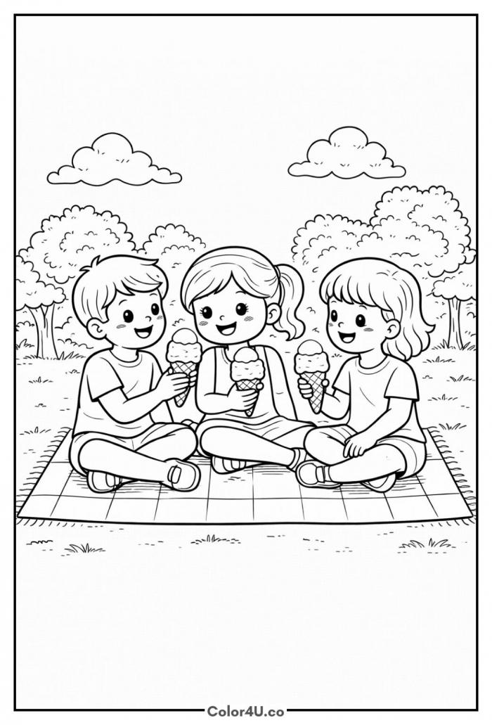 Three kids on a checkered picnic blanket in a park with ice cream cones, detailed coloring page, free printable