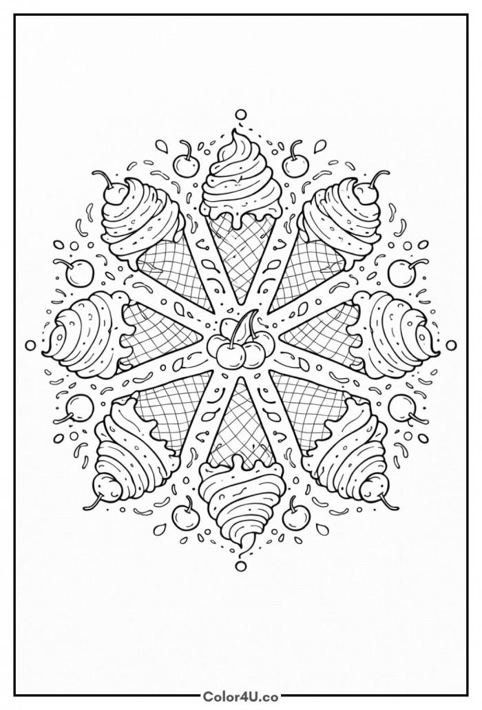 Ice cream cone mandala with radially arranged cones, soft-serve swirls and cherries, detailed coloring page, free printable