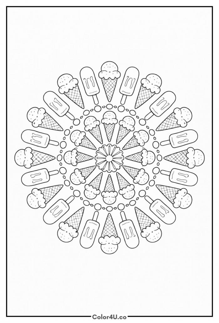 Dense dessert mandala with ice cream cones and popsicles in concentric rings, detailed coloring page, free printable