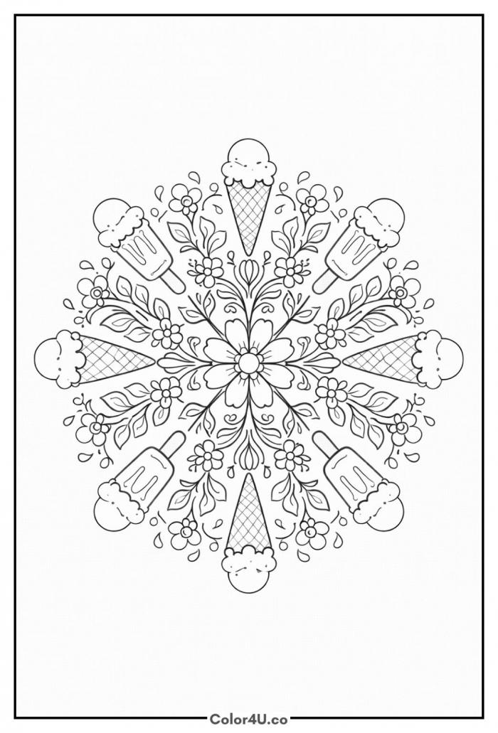 Ice cream floral mandala with cones, popsicles, flowers, and leaves, detailed coloring page, free printable
