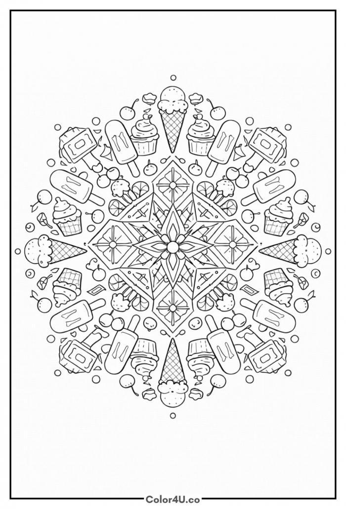 Geometric ice cream mandala with angular star center and dessert treats in outer rings, detailed coloring page, free printable