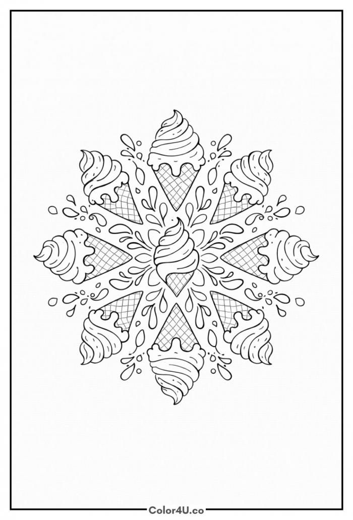 Soft-serve ice cream cone zen mandala with radially arranged melting cones and drip patterns, detailed coloring page, free printable