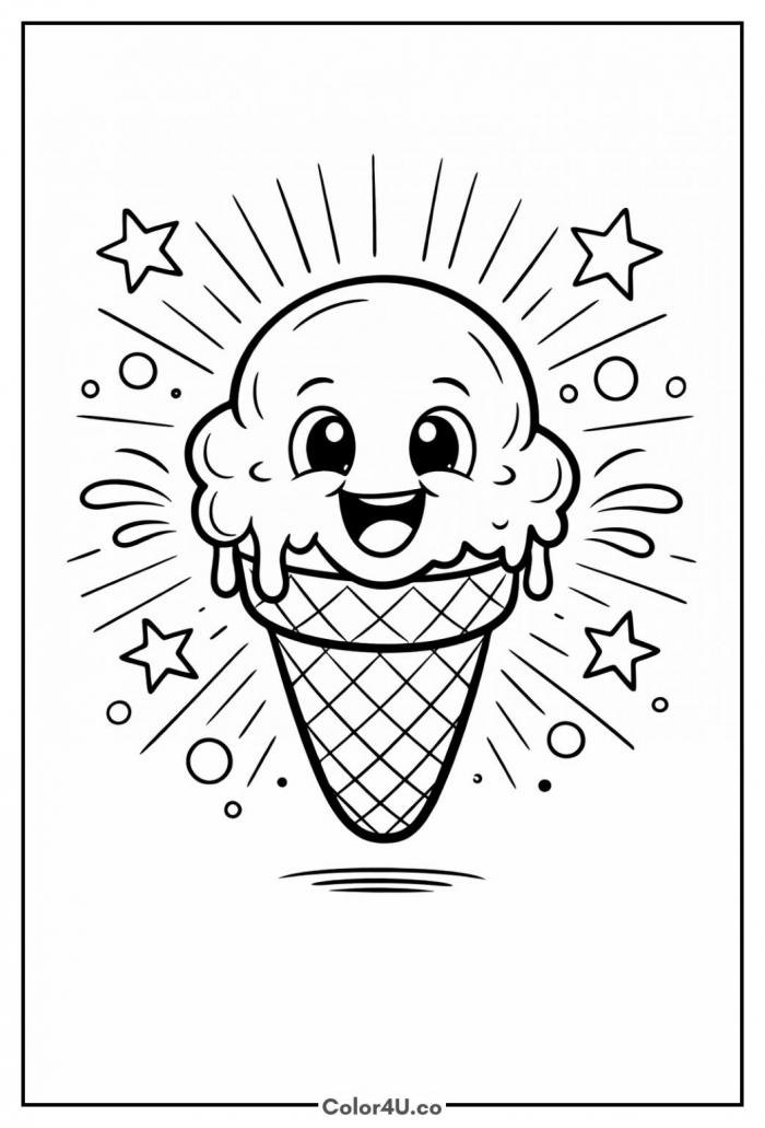 Happy kawaii ice cream cone with melting drips, radiant burst lines, stars, and circles, medium coloring page, free printable