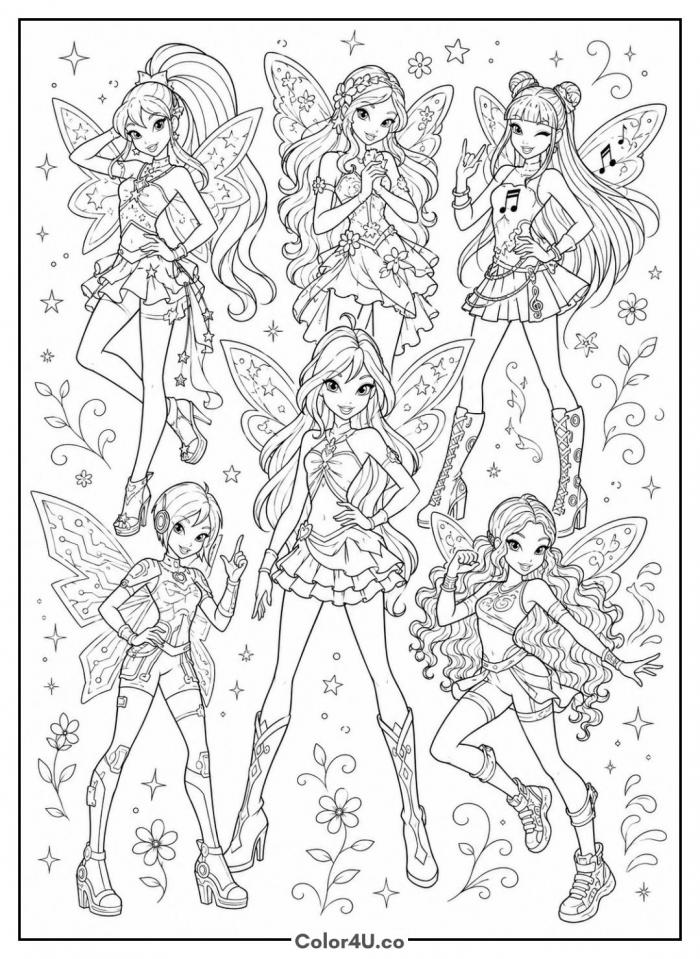Bloom, Stella, Flora, Musa, Tecna and Aisha Together Coloring Page