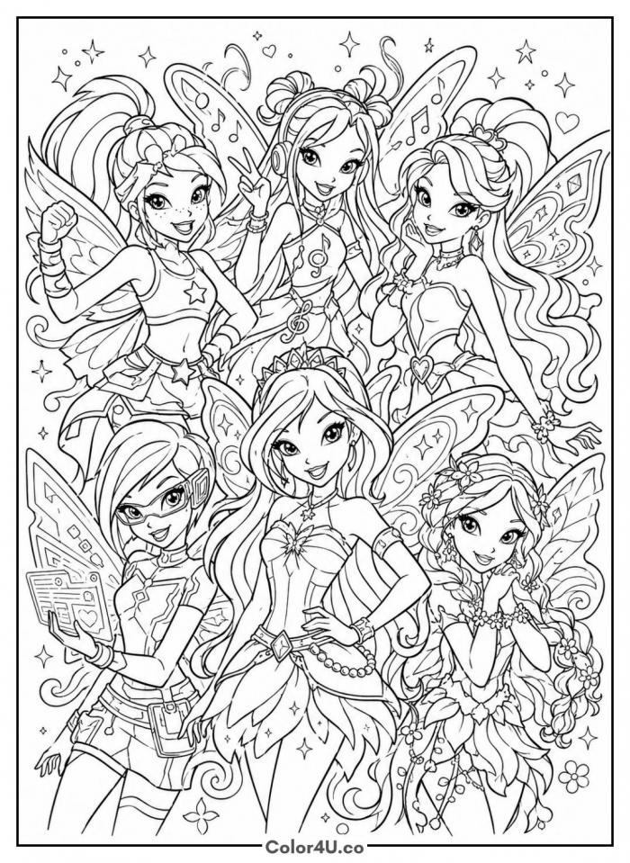 All Winx Fairies Together Coloring Page