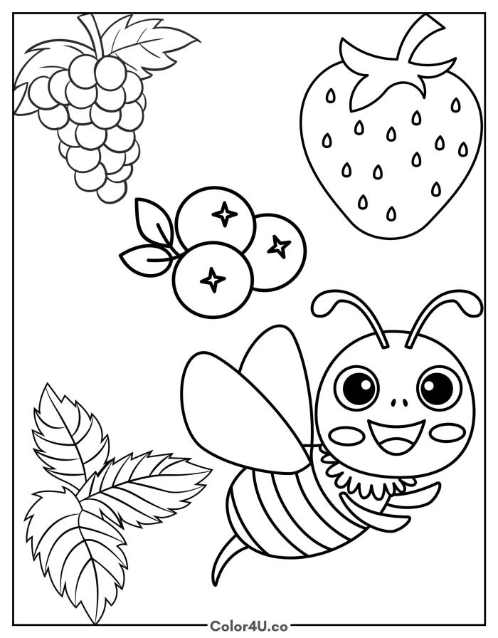 A bee among ripe berries, medium butterfly coloring page, free printable