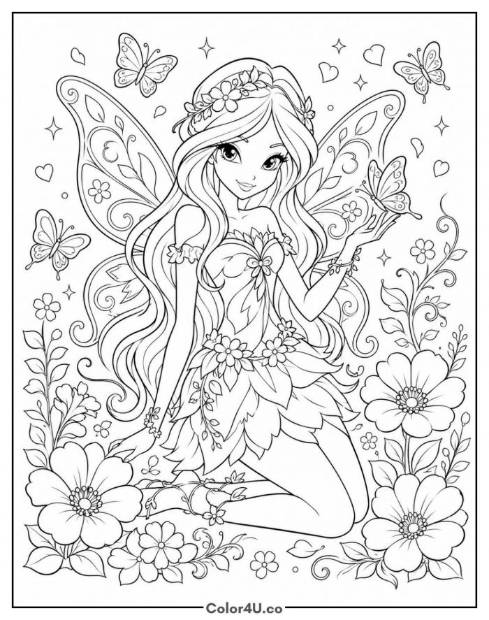 Flora with Flowers and Butterflies Coloring Page