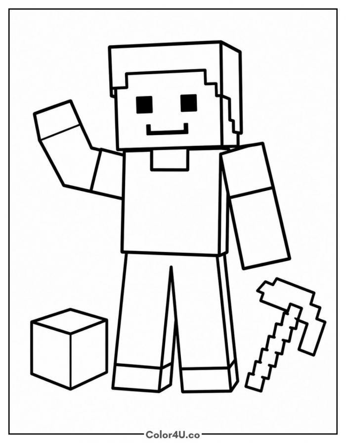 Smiling Steve waving with a pickaxe nearby, easy Minecraft coloring page, free printable