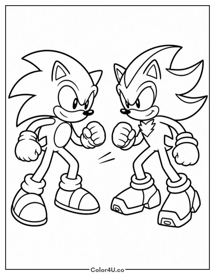 Shadow and Sonic facing off with fists raised, medium Sonic the Hedgehog coloring page, free printable