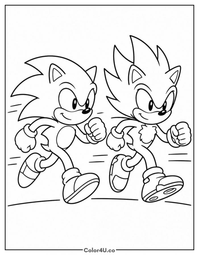 Sonic and Shadow running side by side, medium Sonic the Hedgehog coloring page, free printable