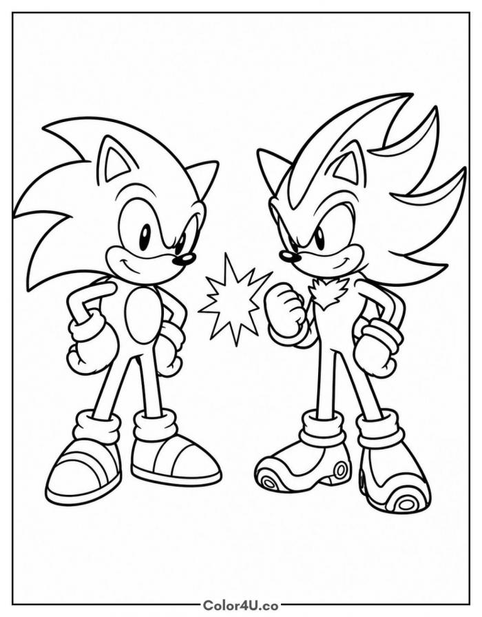 Sonic and Shadow facing off in a showdown, medium Sonic the Hedgehog coloring page, free printable