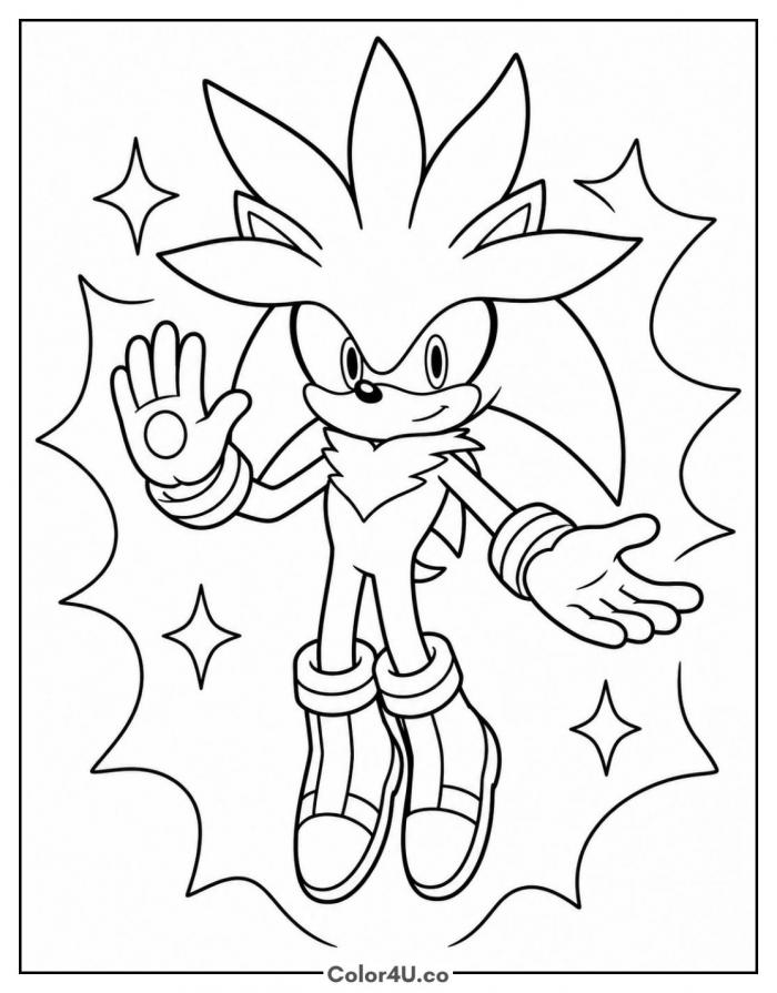 Super Silver the Hedgehog hovering with raised palm, medium Sonic the Hedgehog coloring page, free printable