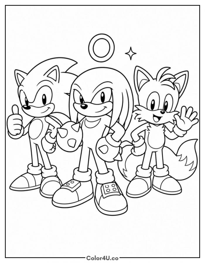 Knuckles, Sonic, and Tails together, medium Sonic the Hedgehog coloring page, free printable