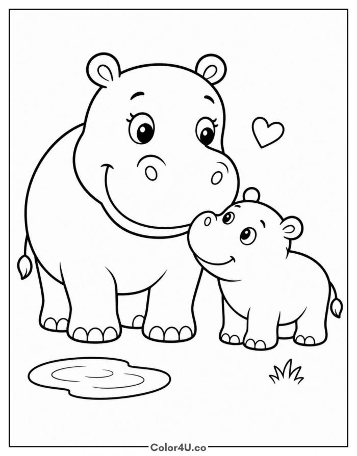 Mom and baby hippo together, easy animal coloring page, free printable