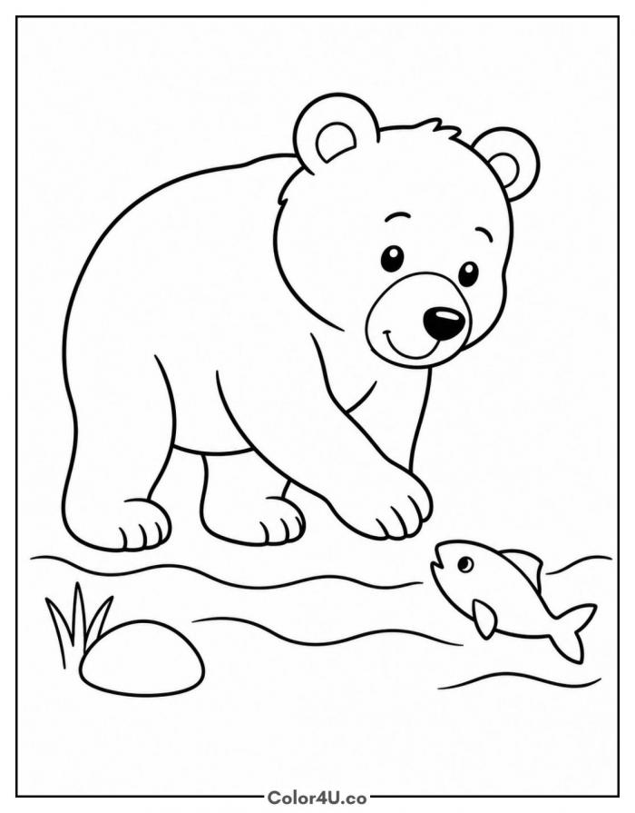 Grizzly bear fishing in a stream, easy bear coloring page, free printable