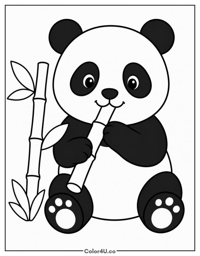 Panda eating bamboo, easy bear coloring page, free printable