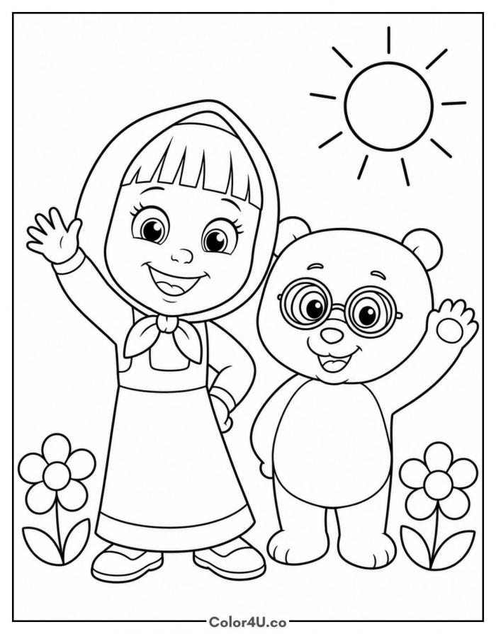 Masha waving with her bear friend, easy Masha and the Bear coloring page, free printable