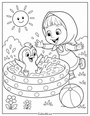 Masha and the Penguin at the Pool coloring page