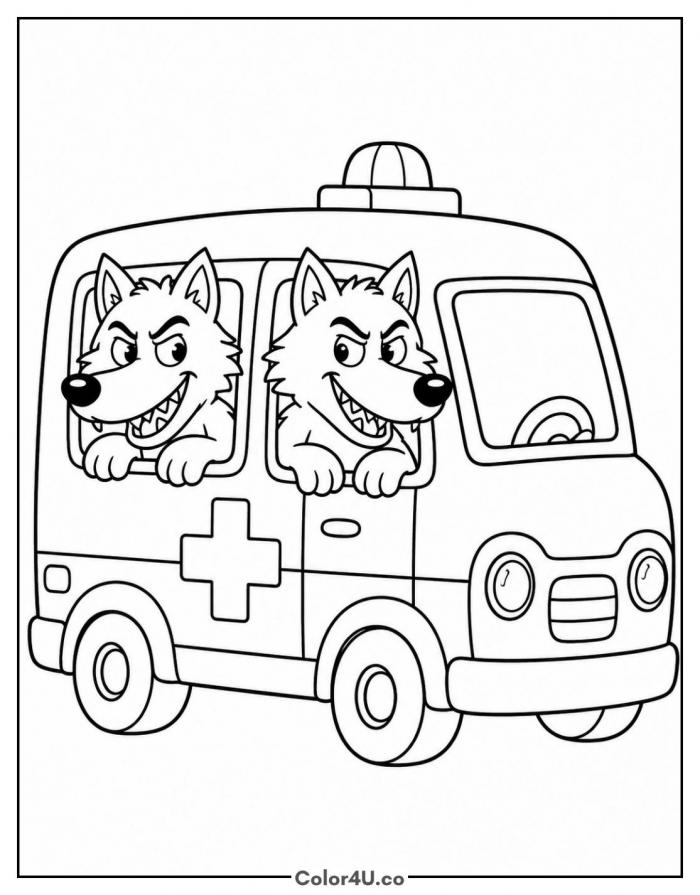 Two wolves riding in an ambulance, easy Masha and the Bear coloring page, free printable