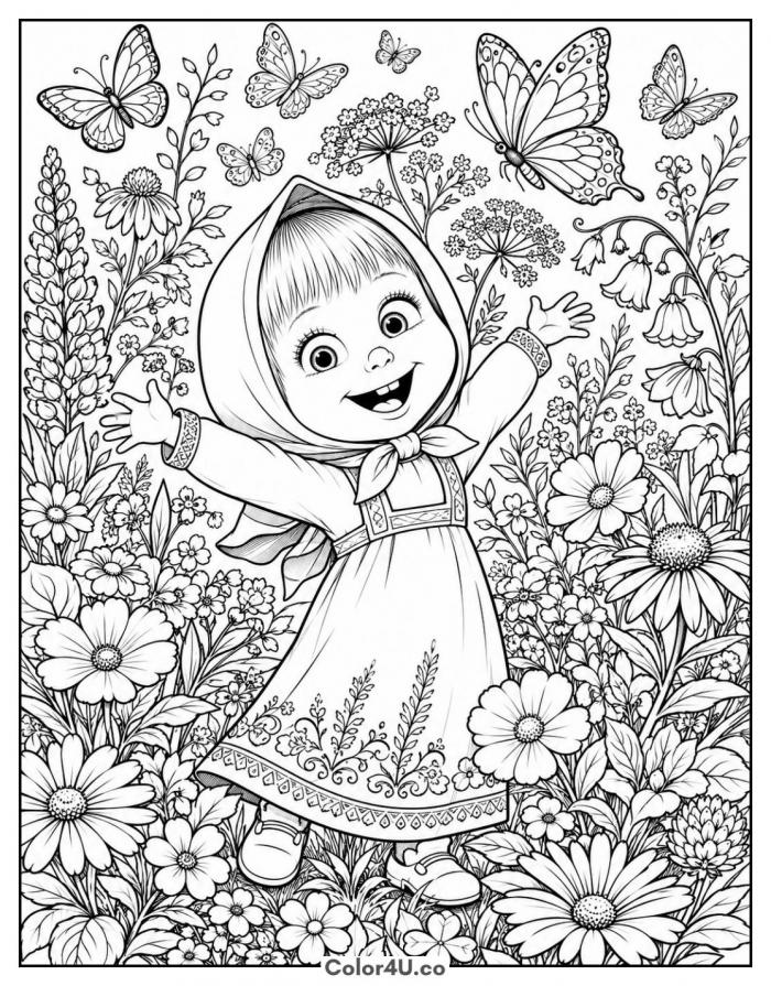 Masha in a flower field with butterflies, detailed Masha and the Bear coloring page, free printable