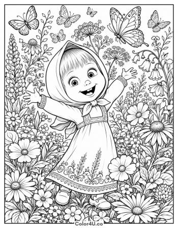 Masha in a Field of Flowers coloring page