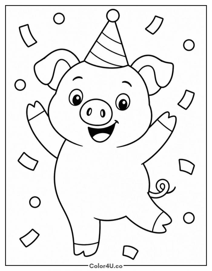 Dancing pig wearing a party hat, easy Masha and the Bear coloring page, free printable