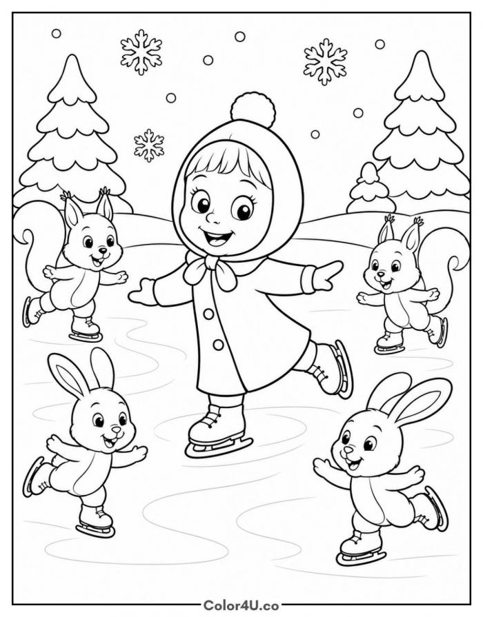 Masha ice skating with squirrels and bunnies, medium Masha and the Bear coloring page, free printable