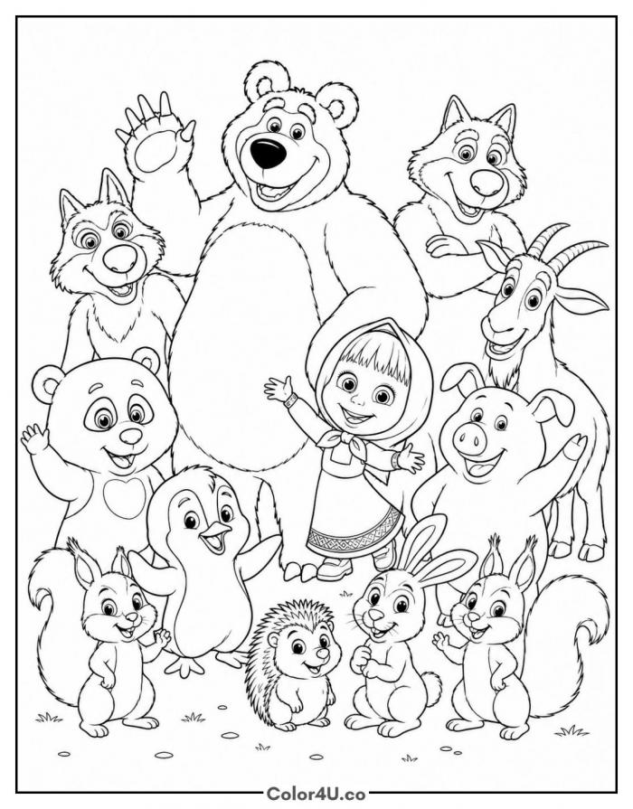 Masha with the whole Masha and the Bear cast, medium coloring page, free printable