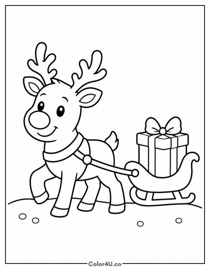Reindeer pulling a sleigh with a gift, medium Christmas coloring page, free printable