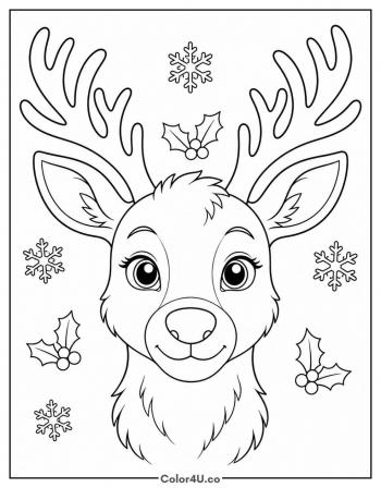 Reindeer Portrait Among the Snowflakes coloring page